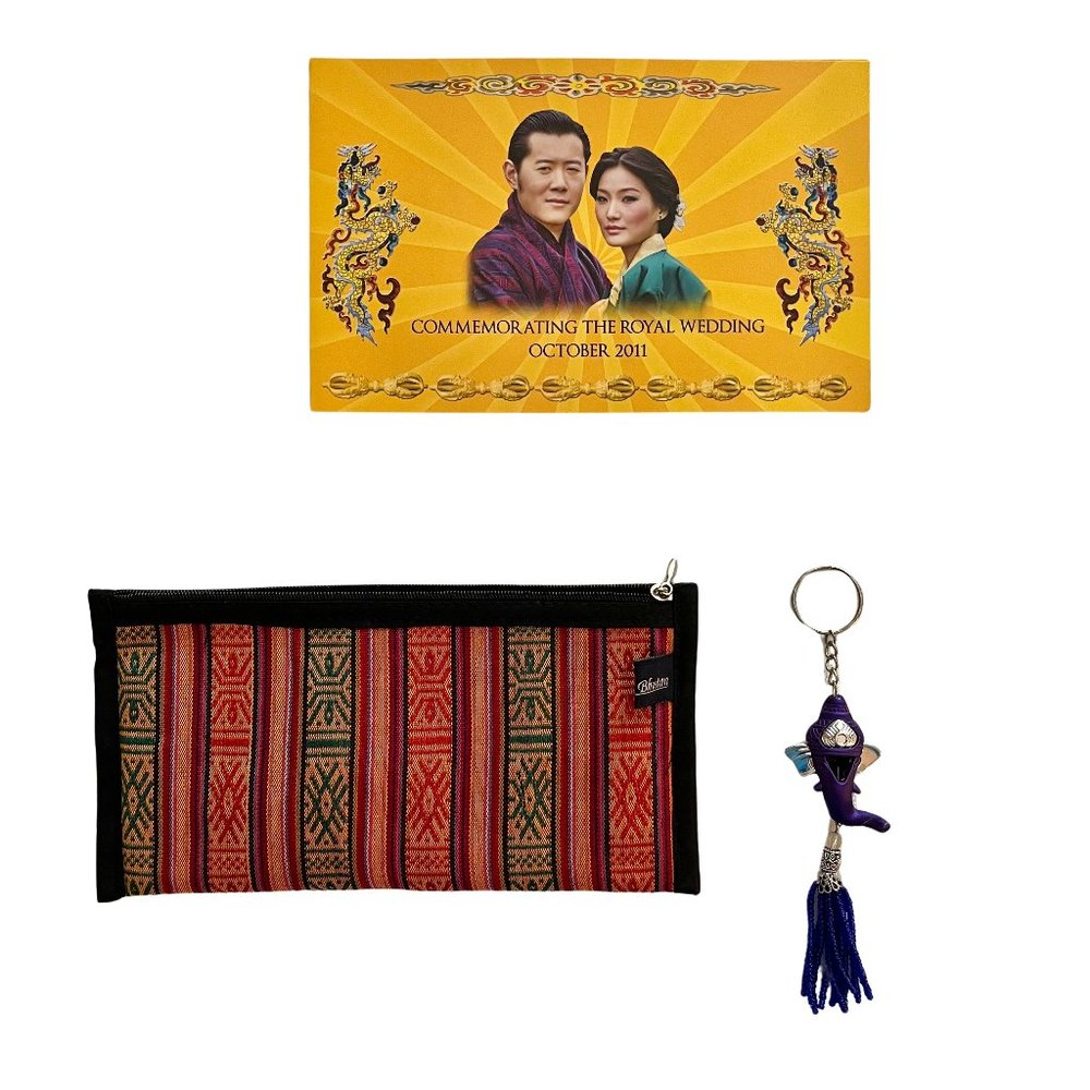NWOT Handmade Clutch, Keychain, and Commemorative Nu.100 Banknote from Bhutan